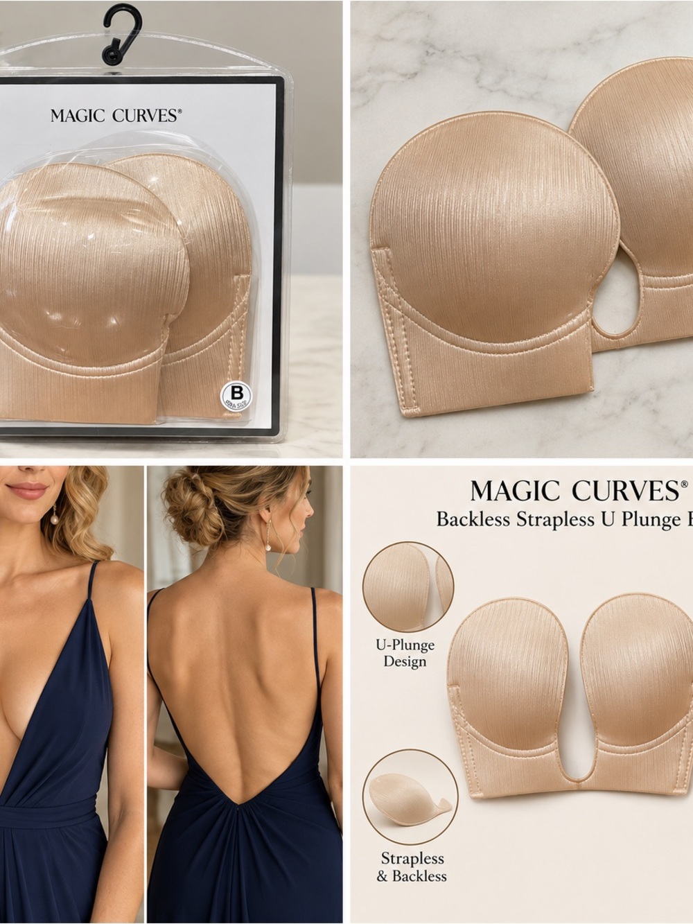Backless Strapless U-Plunge Adhesive Bra - Nude/Beige